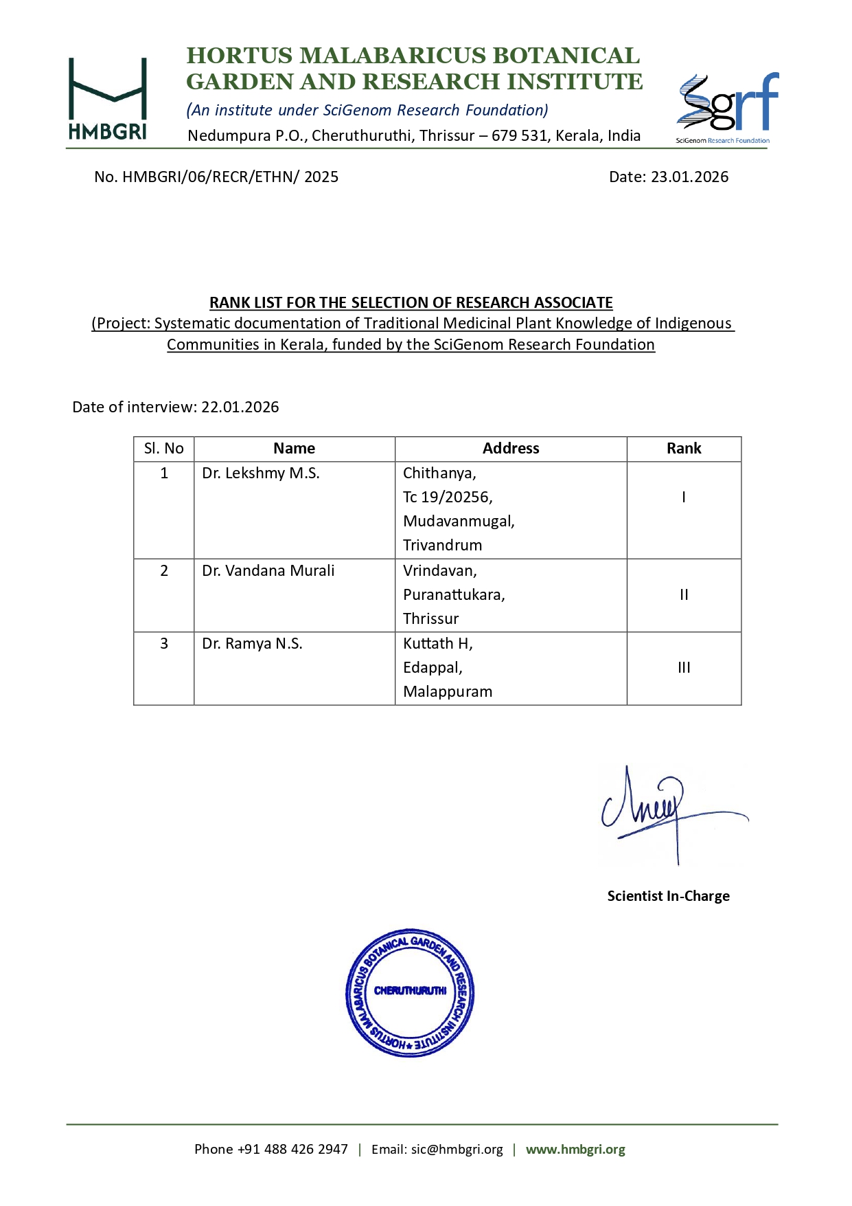 Rank List – Research Associate (Ayurveda)